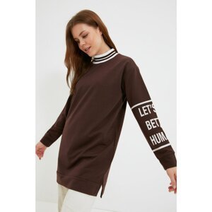 Trendyol Brown Stand Up Collar Print Detailed Knitted Sweatshirt