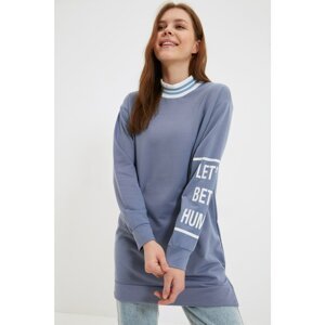 Trendyol Indigo Stand Up Collar Print Detailed Knitted Sweatshirt