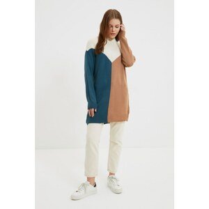 Trendyol Indigo Stand Collar Color Block Long Knitwear Sweater