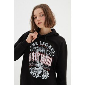 Trendyol Black Printed Boyfriend Hooded Slim Knitted Sweatshirt