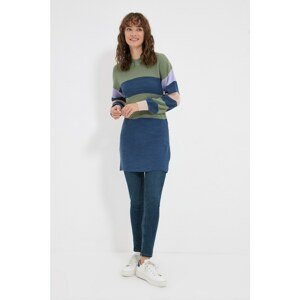 Trendyol Green Stand Up Collar Color Block Long Knitwear Sweater