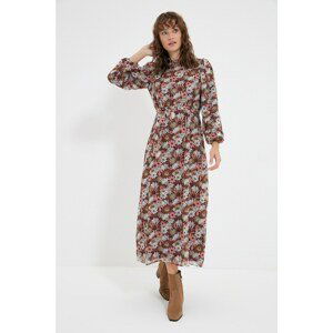 Trendyol Brown Stand Up Collar Floral Pattern Belted Lined Dress