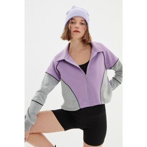 Trendyol Lilac Color Block Crop Raised Thick Knitted Sweatshirt
