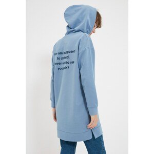 Trendyol Blue Hooded Back Printed Knitted Sweatshirt