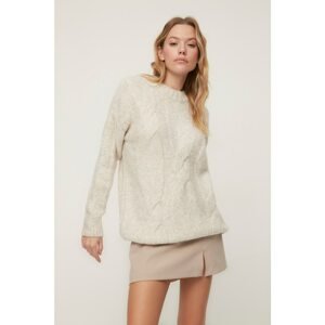 Trendyol Ecru Oversize Knitted Detailed Knitwear Sweater
