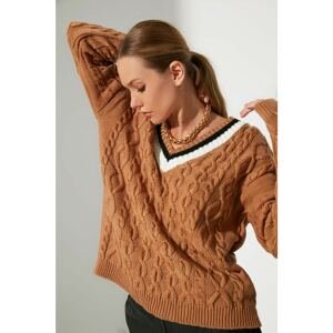 Trendyol Camel Oversize V Neck Knitwear Sweater