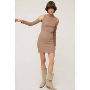 Trendyol Camel Standing Collar Shoulder Detailed Fake Knitwear Knitted Dress