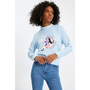 Trendyol Light Blue Printed Basic Stand Up Collar Slim Knitted Sweatshirt