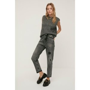 Trendyol Anthracite Ripped Detailed High Waist Mom Jeans