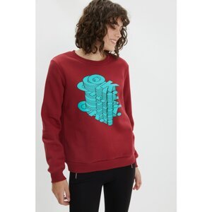 Trendyol Claret Red Printed Basic Raised Knitted Sweatshirt