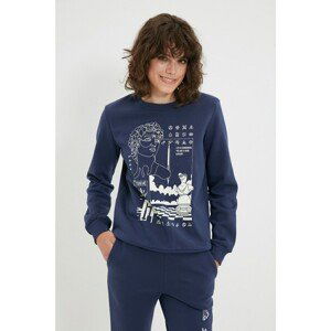 Trendyol Navy Blue Basic Printed Raised Knitted Sweatshirt