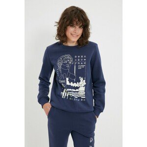 Trendyol Navy Blue Basic Printed Raised Knitted Sweatshirt