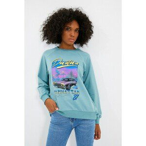 Trendyol Mint Printed Raised Loose Knitted Sweatshirt