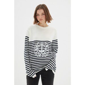Trendyol Navy Blue Unisex Oversize Wide Fit Crew Neck Striped Print Detailed Sweater