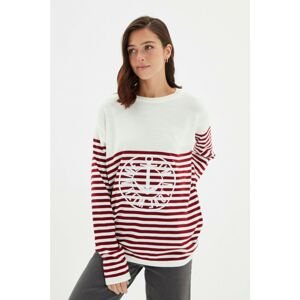 Trendyol Claret Red Unisex Oversize Wide Fit Crew Neck Striped Print Detailed Sweater