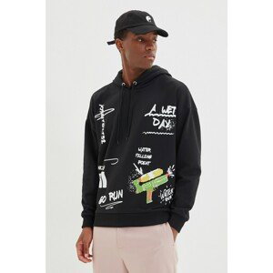 Trendyol Black Men's Oversize Hooded Long Sleeve Printed Sweatshirt