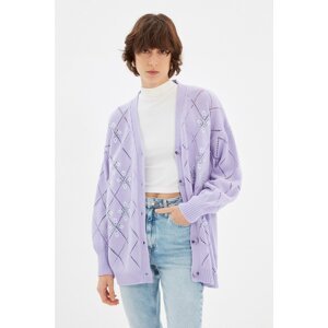 Trendyol Lilac Oversize Openwork Embroidery Detailed Knitwear Cardigan