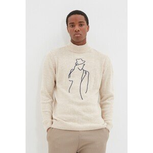 Trendyol Ecru Men Regular Fit Turtleneck Embroidery Detailed Sweater