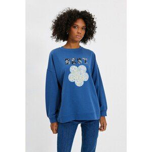 Trendyol Navy Blue Printed Boyfriend Knitted Sweatshirt