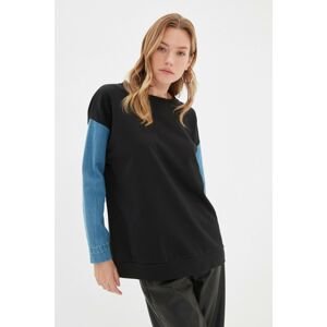 Trendyol Black Sleeves Denim Detailed Basic Slim Knitted Sweatshirt