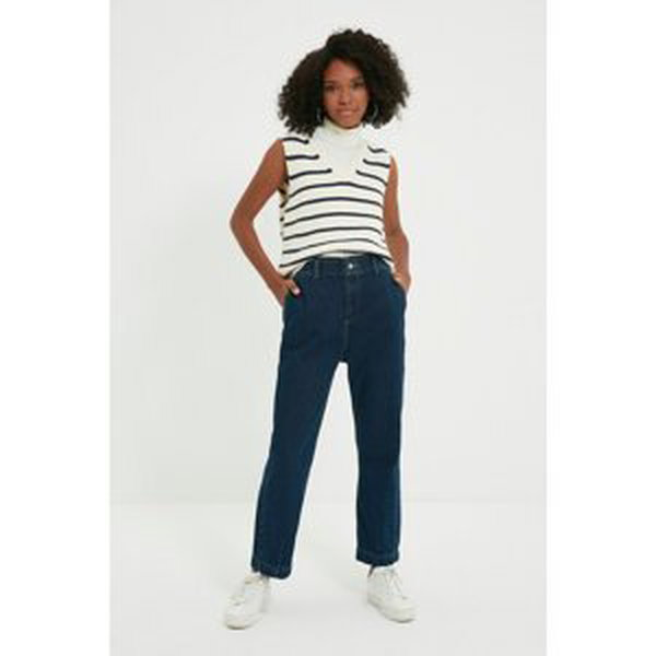 Trendyol Navy Blue Elastic Waist High Waist Straight Jeans