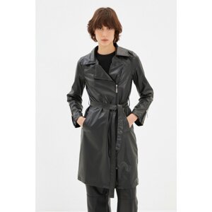 Trendyol Black Belted Zipper Closure Faux Leather Coat