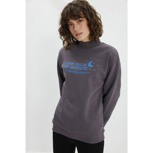 Trendyol Anthracite Printed Loose Fit Ragged Knitted Sweatshirt