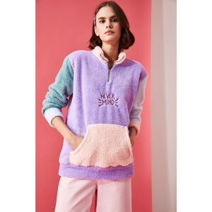 Trendyol Lilac Color Block Embroidered Fleece Knitted Sweatshirt