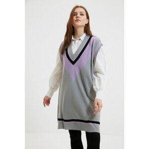 Trendyol Gray V Neck Color Block Long Knitwear Sweater