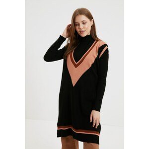 Trendyol Black V-Neck Color Block Long Knitwear Sweater