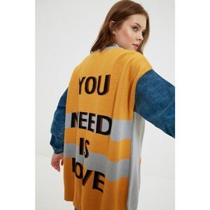 Trendyol Gray V-Neck Color Block Slogan Detailed Knitwear Cardigan
