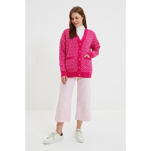 Trendyol Fuchsia V Neck Pocket Patterned Knitwear Cardigan