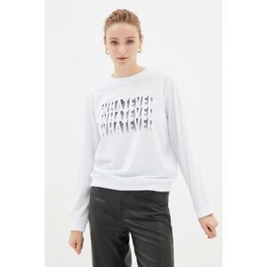 Trendyol White Basic Crew Neck Printed Slim Knitted Sweatshirt
