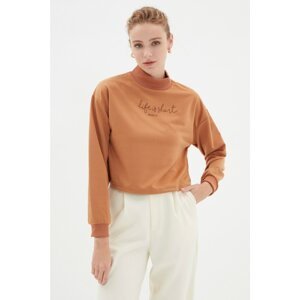 Trendyol Camel Basic High Collar Printed Slim Knitted Sweatshirt