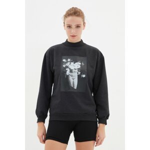 Trendyol Anthracite Stand Collar Loose Printed Slim Knitted Sweatshirt