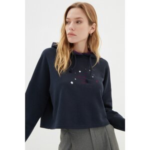 Trendyol Navy Blue Hooded Loose Embroidery Slim Knitted Sweatshirt