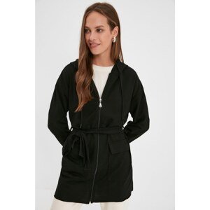 Trendyol Black Hooded Zippered Belted Knitted Jacket