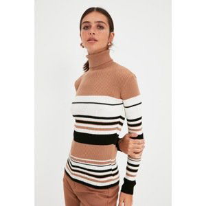 Trendyol Light Brown Striped Turtleneck Knitwear Sweater