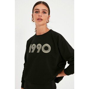 Trendyol Black Raglan Sleeve Printed Basic Slim Knitted Sweatshirt