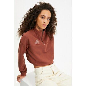 Trendyol Brown Stand Up Collar Crop Embroidered Slim Knitted Sweatshirt