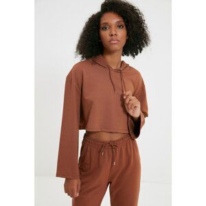 Trendyol Brown Hooded Knitted Crop Sweatshirt