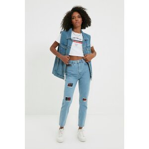 Trendyol Blue Plaid Ripped Detailed High Waist Mom Jeans