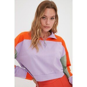 Trendyol Lilac Color Block Crop Slim Knitted Sweatshirt