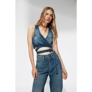 Trendyol X Sagaza Studio Blue Tie Denim Blouse