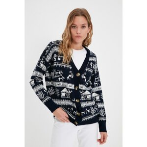 Trendyol Navy Blue Jacquard Oversize Knitwear Cardigan