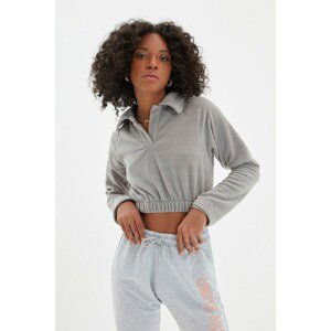 Trendyol Gray Crop Polo Neck Fleece Knitted Sweatshirt