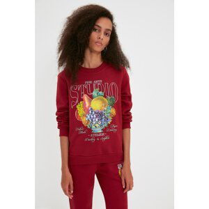 Trendyol Claret Red Printed Basic Raised Knitted Sweatshirt