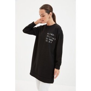 Trendyol Black Printed Knitted Sweatshirt with Slit Detail