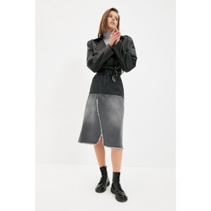 Trendyol Anthracite Color Block Slit Midi Denim Skirt