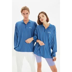 Trendyol Indigo Unisex Oversize Printed Polo Neck Knitted Sweatshirt
